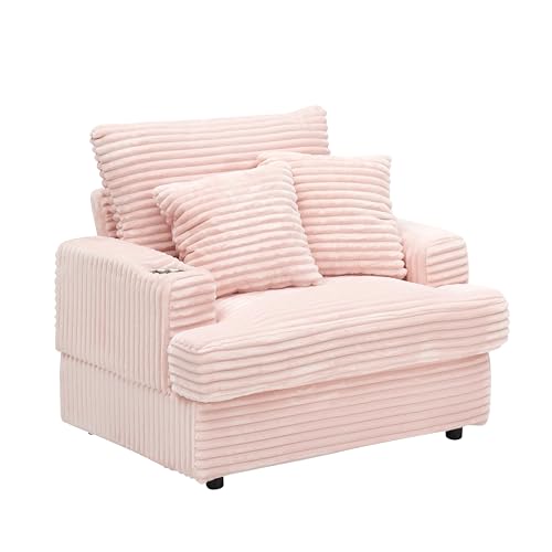 Oversized Single Sofa Cloud Couch Deep Seat Lounge Chaise with Movable Ottoman and Cupholder, Corduroy Upholstered Sleeper Armchair Daybed with Thicked Cushions and Throw Pillows for Living Room