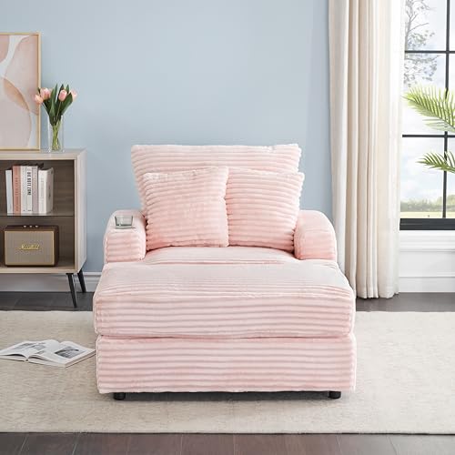 Oversized Single Sofa Cloud Couch Deep Seat Lounge Chaise with Movable Ottoman and Cupholder, Corduroy Upholstered Sleeper Armchair Daybed with Thicked Cushions and Throw Pillows for Living Room