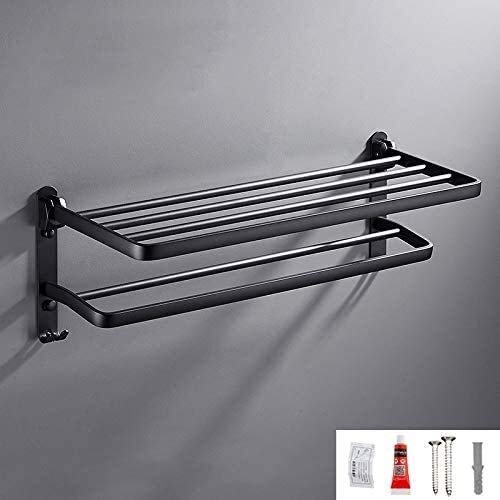 Towel Racks,Towel Rails, Wall Mounted Towel Shelf for Bathroom Aluminum 90° Foldable Towels Rail Bars with Hooks for Kitchen Towels Rack