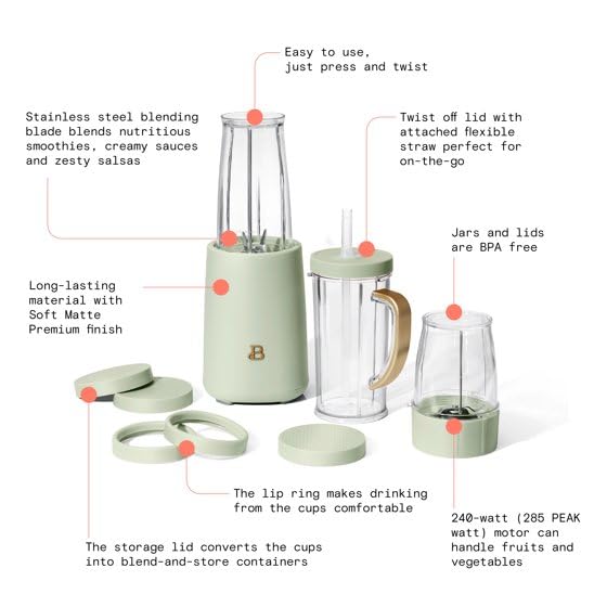 Beautiful- Personal Blender Set with 12 Pieces, 240 W, (Sage Green) by Drew Barrymore