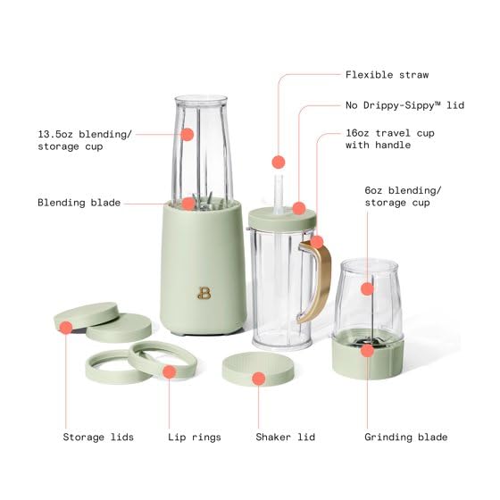 Beautiful- Personal Blender Set with 12 Pieces, 240 W, (Sage Green) by Drew Barrymore