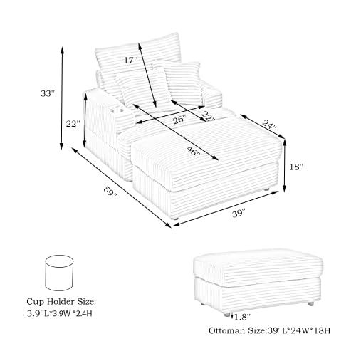 Oversized Single Sofa Cloud Couch Deep Seat Lounge Chaise with Movable Ottoman and Cupholder, Corduroy Upholstered Sleeper Armchair Daybed with Thicked Cushions and Throw Pillows for Living Room