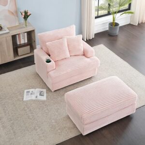 Oversized Single Sofa Cloud Couch Deep Seat Lounge Chaise with Movable Ottoman and Cupholder, Corduroy Upholstered Sleeper Armchair Daybed with Thicked Cushions and Throw Pillows for Living Room