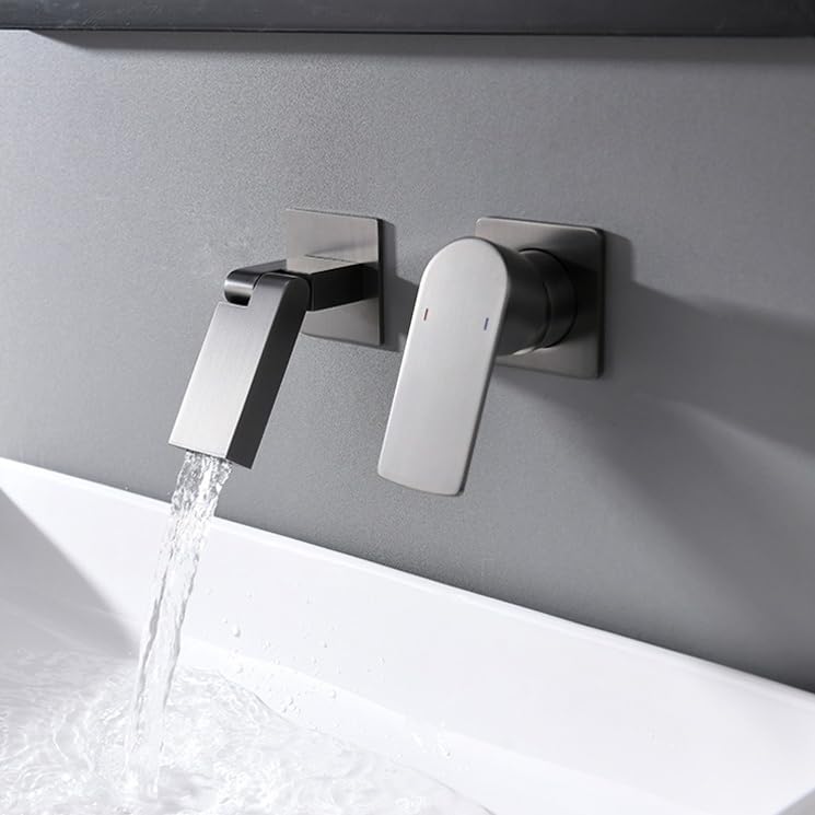 Wall Mounted Bath Taps Waterfall Spout Mixer Tap Single Lever Wall Mounted 2 Hole Basin Taps Basin Sink Hot and Cold Taps/Gun Gray