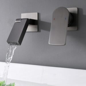 Wall Mounted Bath Taps Waterfall Spout Mixer Tap Single Lever Wall Mounted 2 Hole Basin Taps Basin Sink Hot and Cold Taps/Gun Gray