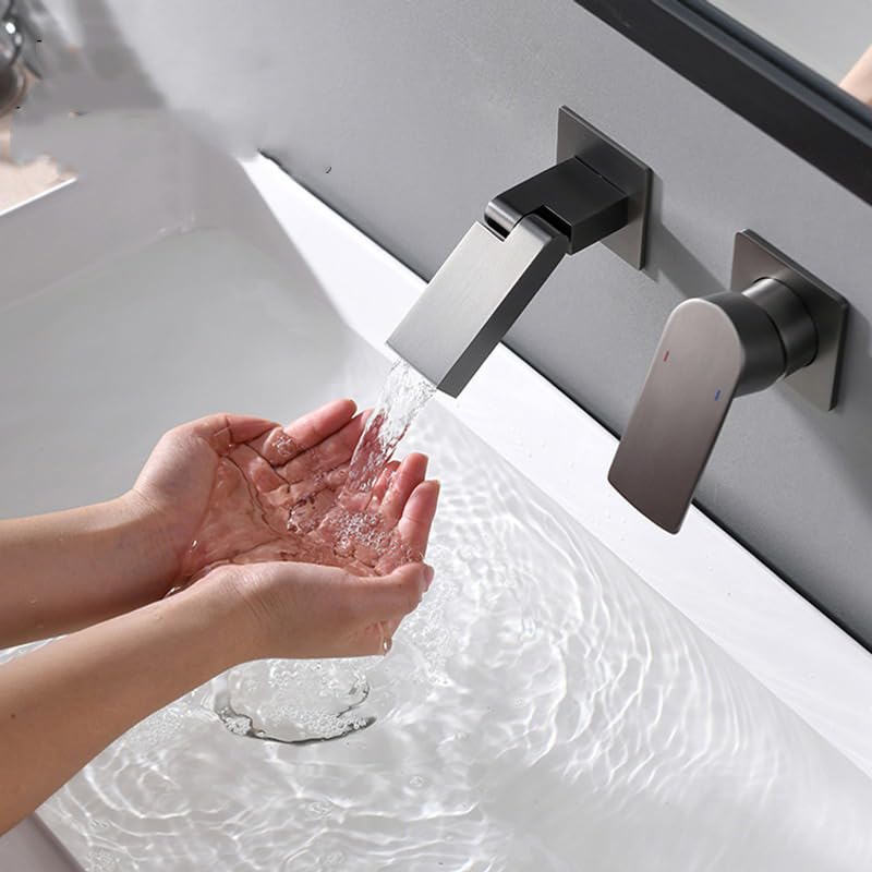 Wall Mounted Bath Taps Waterfall Spout Mixer Tap Single Lever Wall Mounted 2 Hole Basin Taps Basin Sink Hot and Cold Taps/Gun Gray