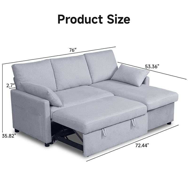 Real Relax 76'' Sleeper Sofa, 4-in-1 L Shaped Convertible Sofa Bed with Pull Out Bed and Storage, Couch with Chaise for Living Room, Apartment, Office and Bedroom, Light Gray