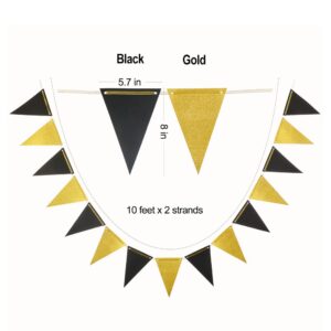 Gold Black Pennant Banner Paper Bunting Hanging Decoration for Birthday Graduation Retirement New Year's Party, Pack of 30 Counts Pennant, 20 feet