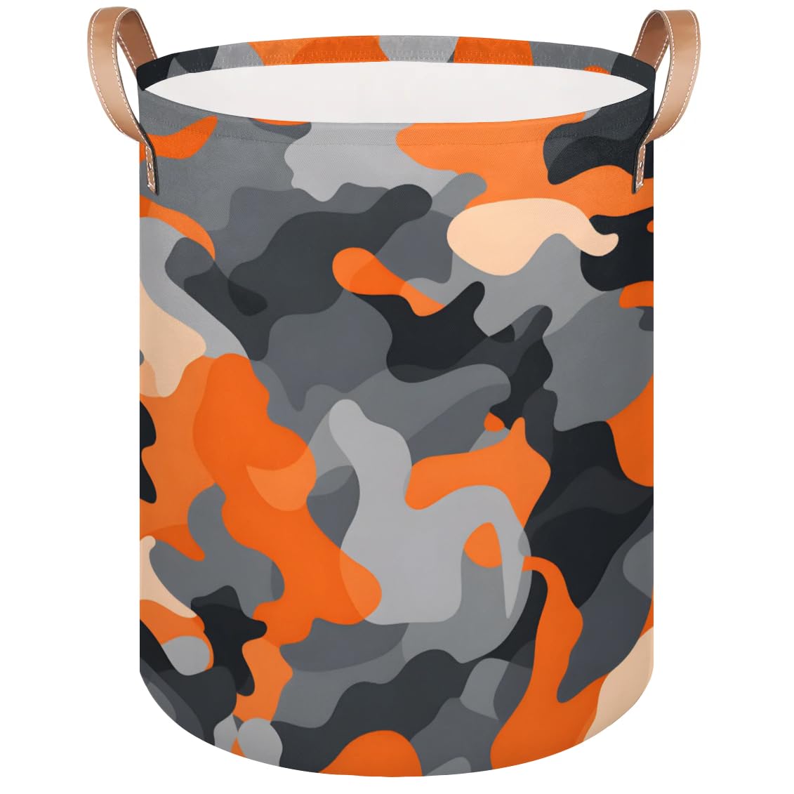 Kolabimo Orange Camo Pattern Laundry Basket Collapsible Laundry Hamper with Handles Waterproof Round Clothes Storage Bin for Laundry Rooms Bedrooms Bathroom 16x20.8 Inch