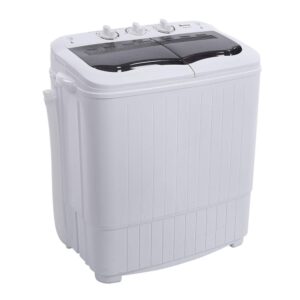 portable washing machine and dryer, 14lbs twin tub portable washer dryer combo with gravity drain, semi-auto 7.7lbs washer mini laundry machine with 6.6lbs spinner for dorms, apartments, rvs, gray