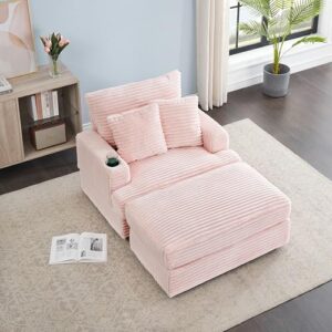 oversized single sofa cloud couch deep seat lounge chaise with movable ottoman and cupholder, corduroy upholstered sleeper armchair daybed with thicked cushions and throw pillows for living room