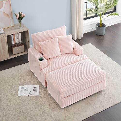 Oversized Single Sofa Cloud Couch Deep Seat Lounge Chaise with Movable Ottoman and Cupholder, Corduroy Upholstered Sleeper Armchair Daybed with Thicked Cushions and Throw Pillows for Living Room