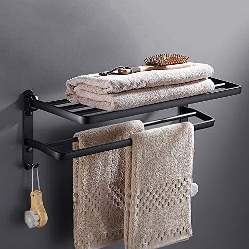 Towel Racks,Towel Rails, Wall Mounted Towel Shelf for Bathroom Aluminum 90° Foldable Towels Rail Bars with Hooks for Kitchen Towels Rack