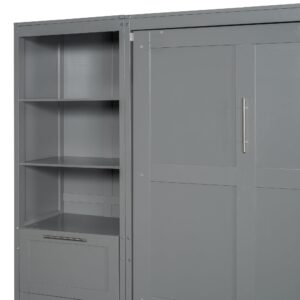 Modern Queen Size Murphy Bed with Closet, Drawers and Shelves, Cabinet Bed Folding Wall Bed for Guest Room, Office (Gray@1)