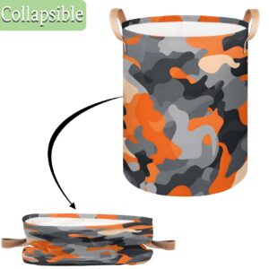 Kolabimo Orange Camo Pattern Laundry Basket Collapsible Laundry Hamper with Handles Waterproof Round Clothes Storage Bin for Laundry Rooms Bedrooms Bathroom 16x20.8 Inch