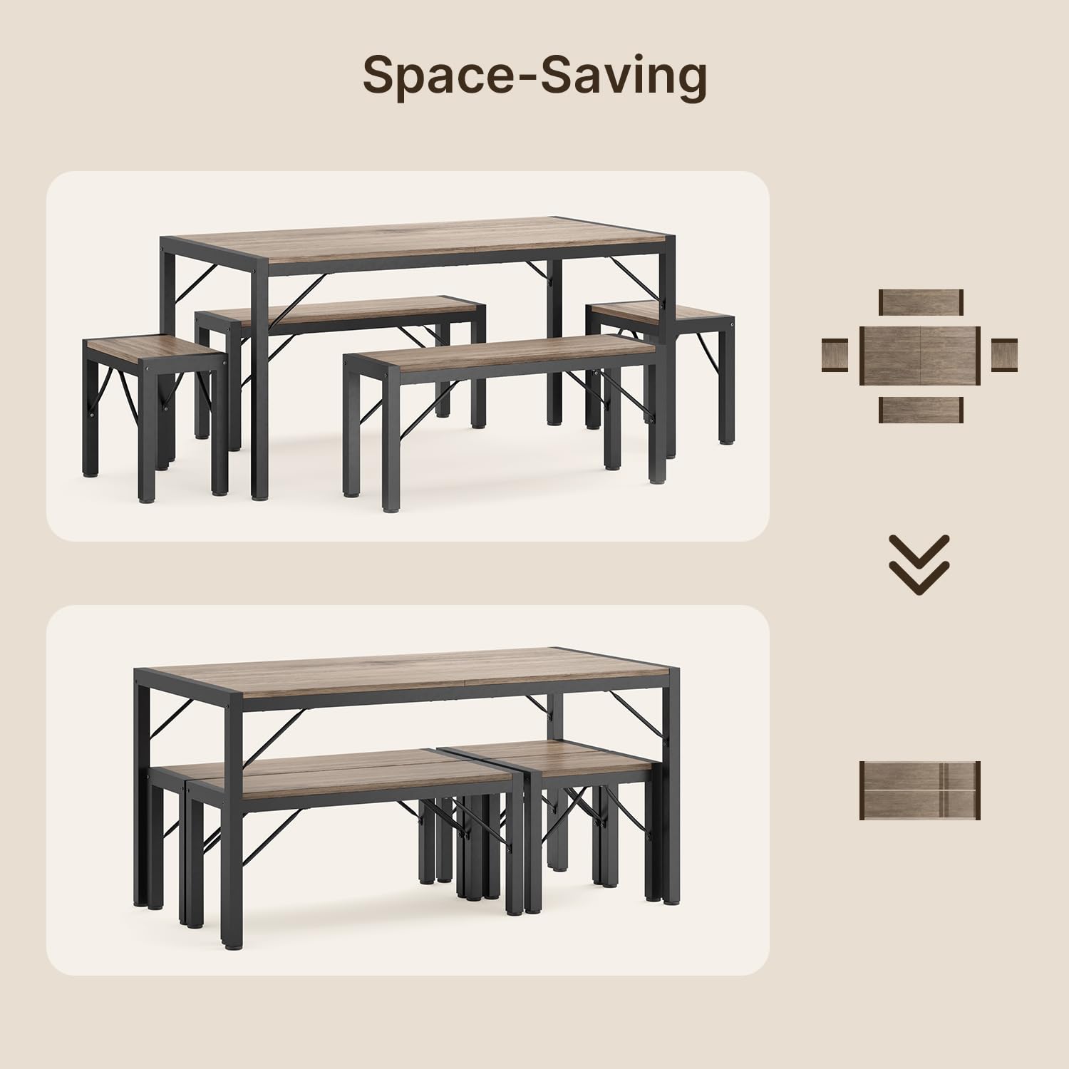 Gizoon 63" Dining Room Table Set for 6, Kitchen Table with 2 Benches and 2 Stools, Dining Table Set with Metal Frame, Space-Saving Kitchen Table Set for Apartment, Grey