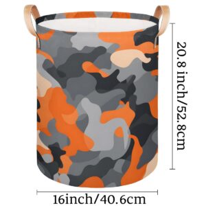 Kolabimo Orange Camo Pattern Laundry Basket Collapsible Laundry Hamper with Handles Waterproof Round Clothes Storage Bin for Laundry Rooms Bedrooms Bathroom 16x20.8 Inch