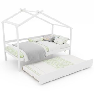 Giantex Wood House Bed for Kids, Twin Bed Frame with Trundle Bed Twin, Kids Bed Frame with Headboard and Footboard, Twin Size House Bed for Kids, Girls, Boys (White)