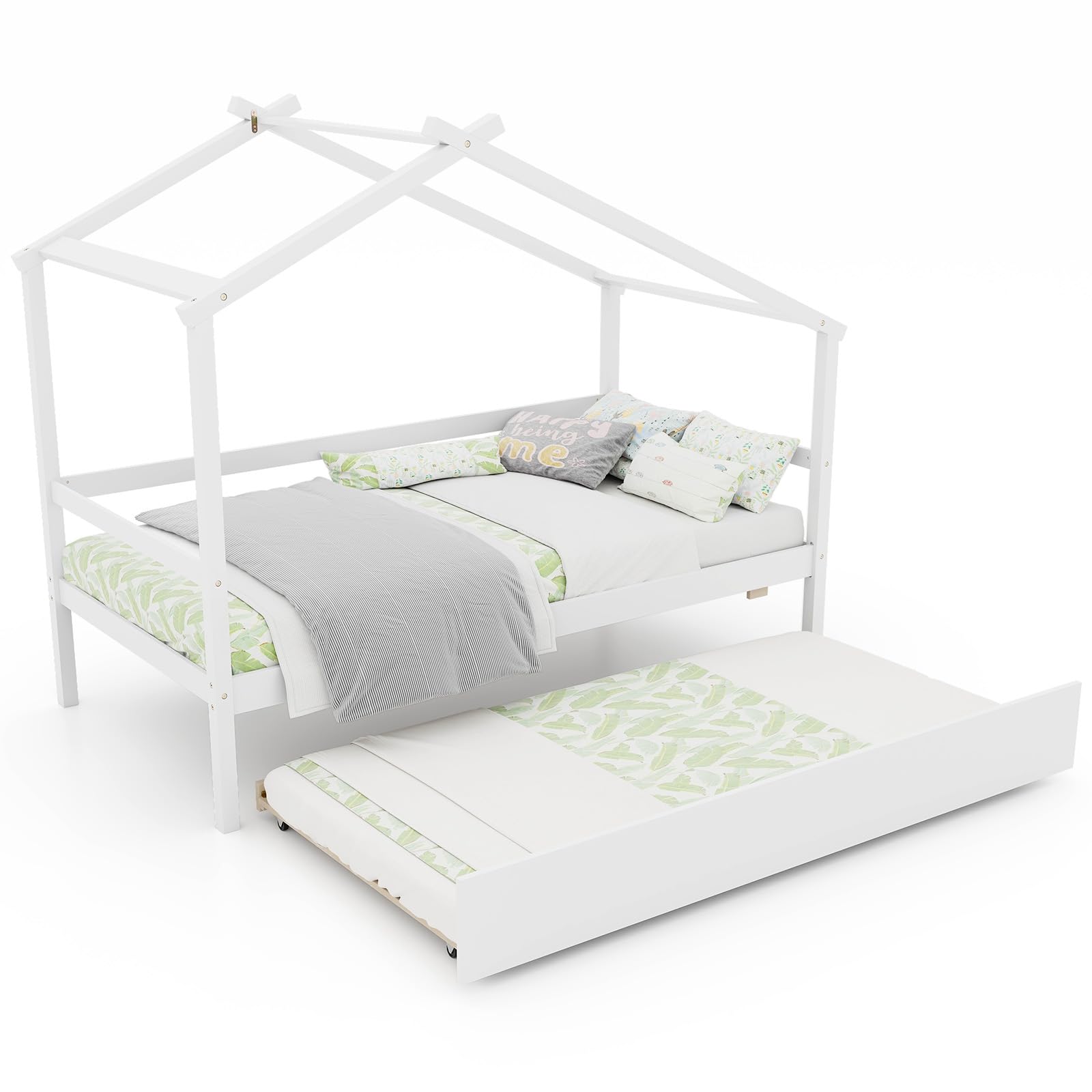 Giantex Wood House Bed for Kids, Twin Bed Frame with Trundle Bed Twin, Kids Bed Frame with Headboard and Footboard, Twin Size House Bed for Kids, Girls, Boys (White)