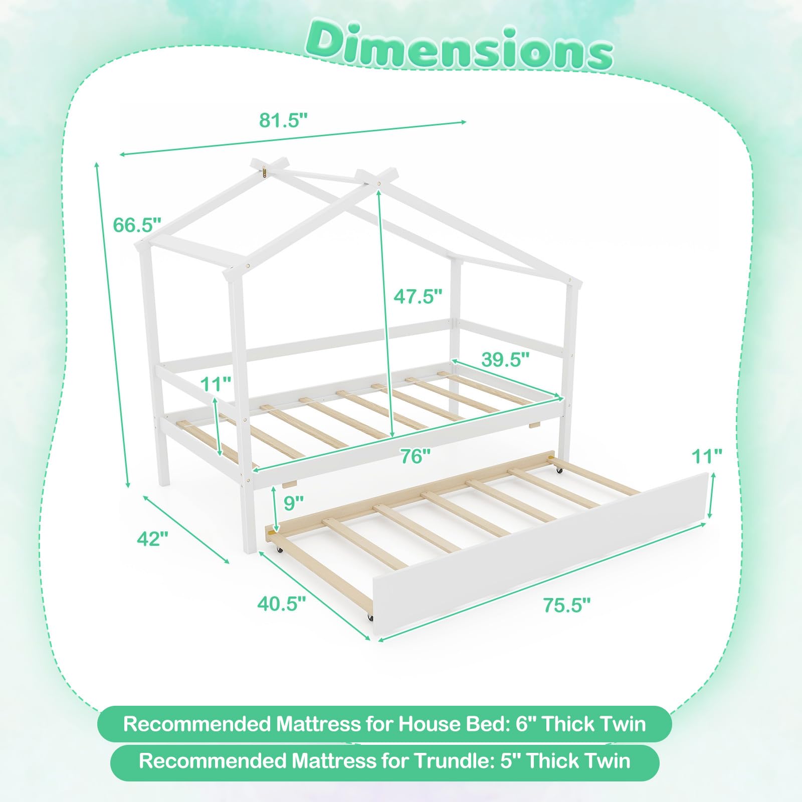 Giantex Wood House Bed for Kids, Twin Bed Frame with Trundle Bed Twin, Kids Bed Frame with Headboard and Footboard, Twin Size House Bed for Kids, Girls, Boys (White)