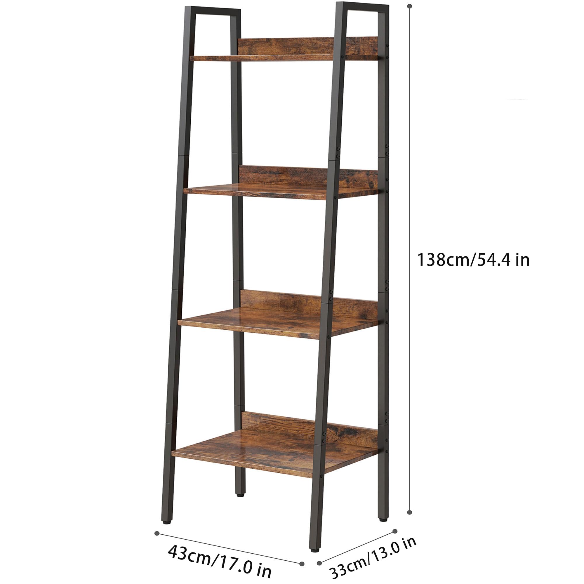 Bookshelf, Ladder Shelf with Steel Frame, 4-Tier Industrial Bookcase, Narrow Tiered Shelf for Small Space, Corner Shelf for Living Room, Home Office, Kitchen, Bedroom, Bathroom（Rustic Brown & Black）