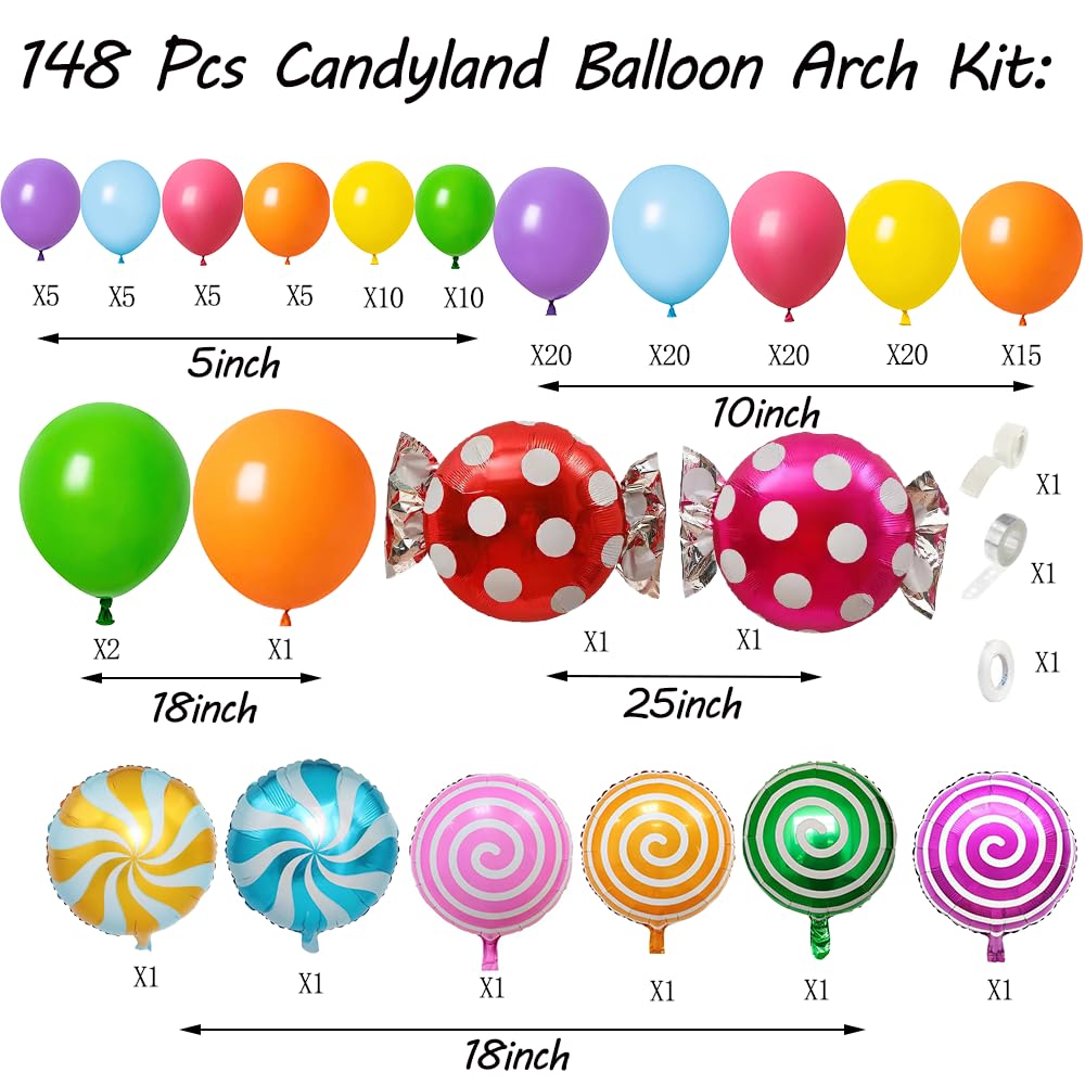 Candyland Party Decorations 148 Pcs Rainbow Candy Balloon Garland Arch Kit with Lollipop Candy Foil Balloon for Candyland Themed Birthday Sweet Baby Shower Decorations