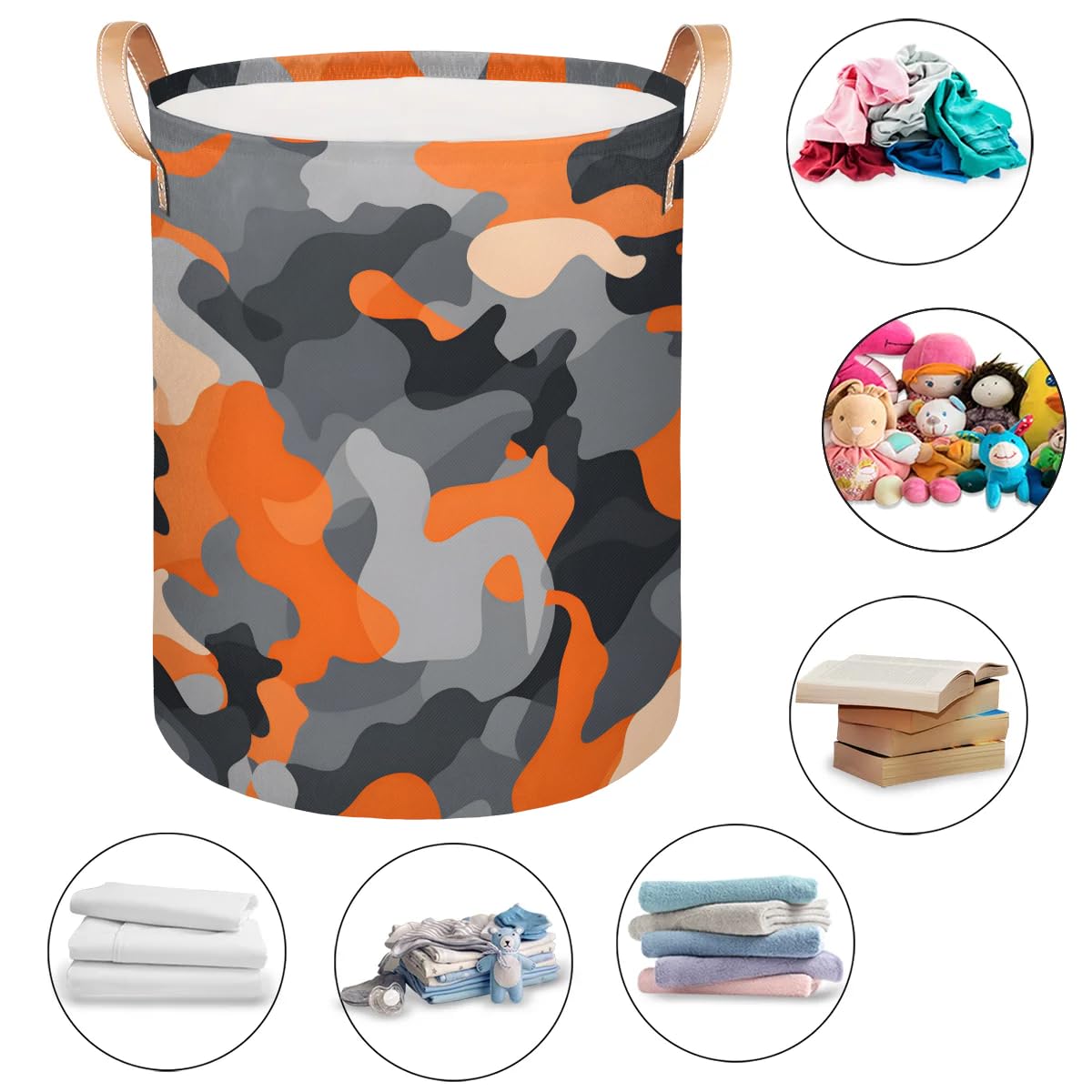 Kolabimo Orange Camo Pattern Laundry Basket Collapsible Laundry Hamper with Handles Waterproof Round Clothes Storage Bin for Laundry Rooms Bedrooms Bathroom 16x20.8 Inch