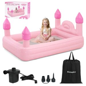 rompico inflatable toddler travel bed with safety bumper,portable castle toddler bed with 4 sides for kids, ideal for vacation,camping and sleepover,electric pump included (pink)