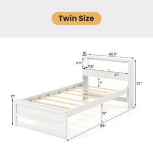 Giantex Twin Bed Frames with Storage Headboard, Wood Platform Bed with Charging Station & LED Light, Single Bed with Slats Support, Under-Bed Space, Twin Bed Frames for Kids Girls Boys (White)