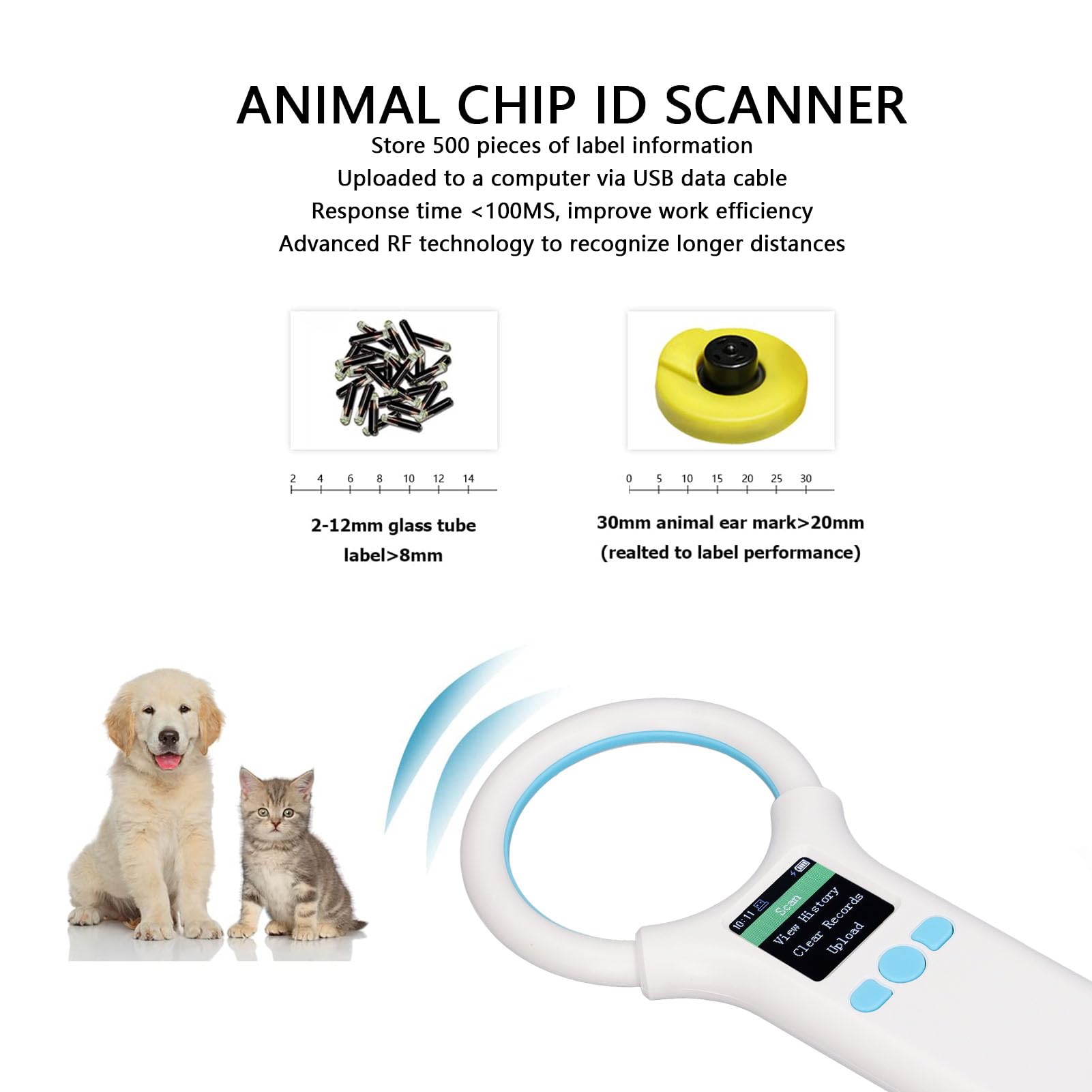 Microchip Scanner, Pet Microchip Scanner Animal Tag Reader Handheld Portable Pet Microchip ID Scanner 134.2khz/125khz USB Charging