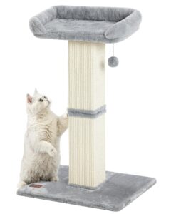 karolpar 32" cat scratching post for indoor cats, sisal cat scratcher with plush perch, large scratch post with bed, removable cover, sisal fabric,light grey