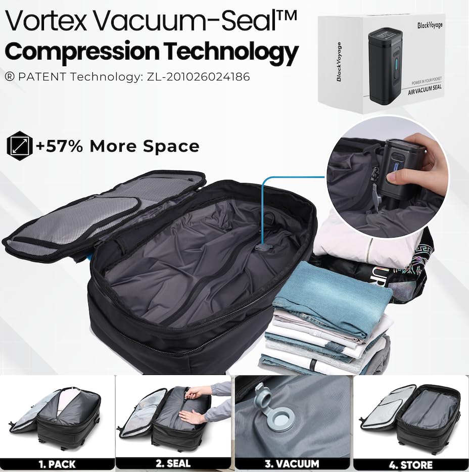 BlackVoyage Vacuum Seal Compression Travel Backpack 60L Expandable | Vacpack Airbag Water Resistant & TSA Lock Anti Theft Black (Vacuum Pump Included)