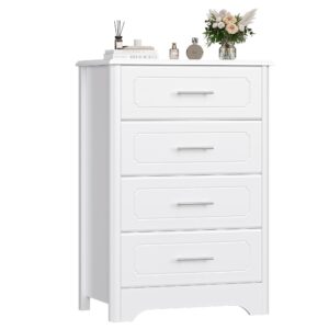 hithos modern 4 drawer dresser for bedroom, white narrow dresser chest with deep drawers, wood chest of storage drawers, tall nightstand for living room, bathoom, entryway, hallway, white