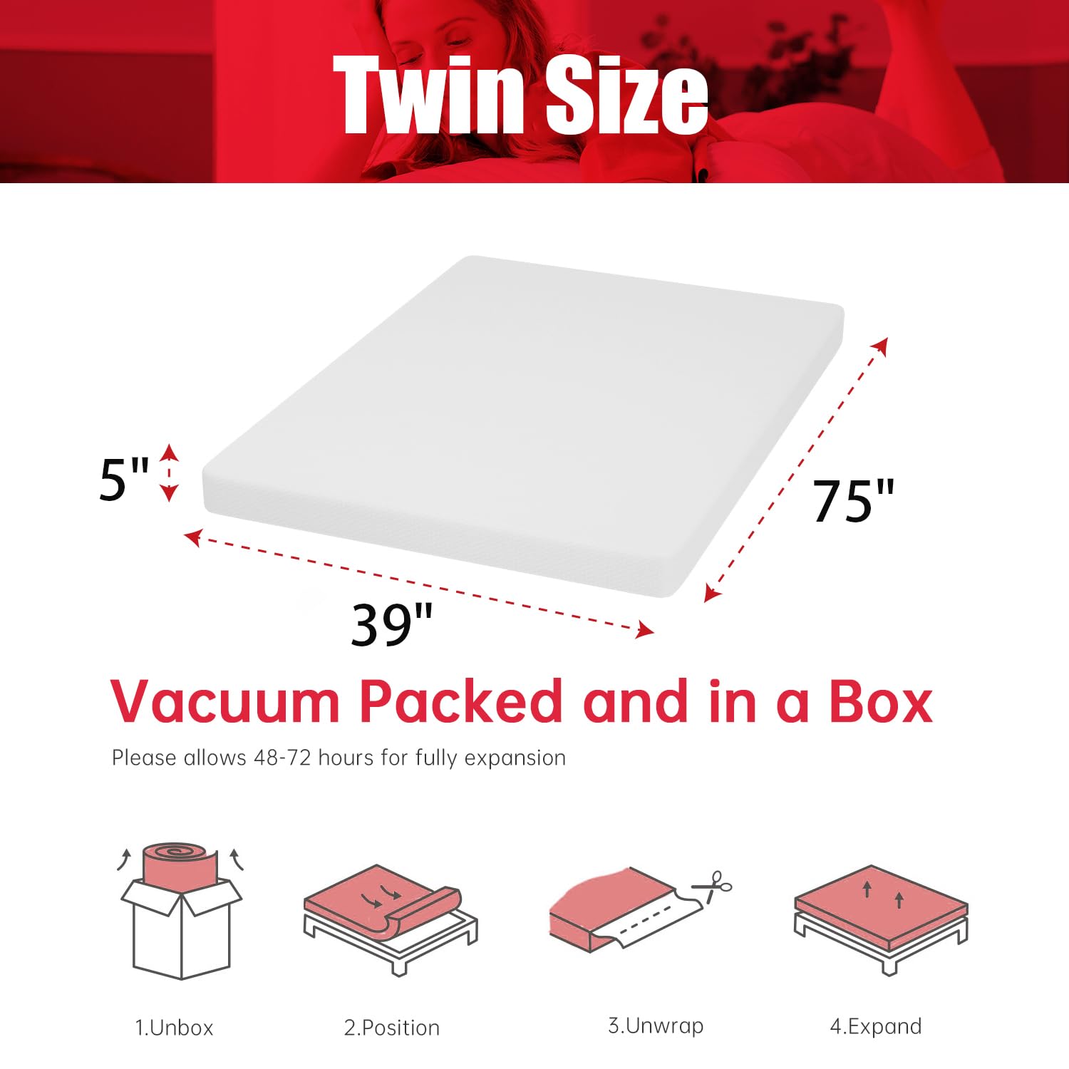 5 Inch Twin Mattress Gel Memory Foam Mattress for Cool Sleep Pressure Relief Breathable Cover Mattress Medium Firm Twin Size Mattress in a Box Cooling Gel Bed Mattresses, White