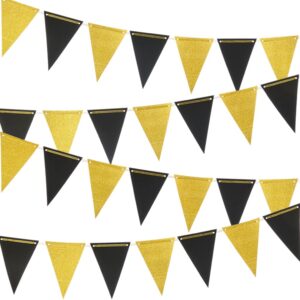 gold black pennant banner paper bunting hanging decoration for birthday graduation retirement new year's party, pack of 30 counts pennant, 20 feet