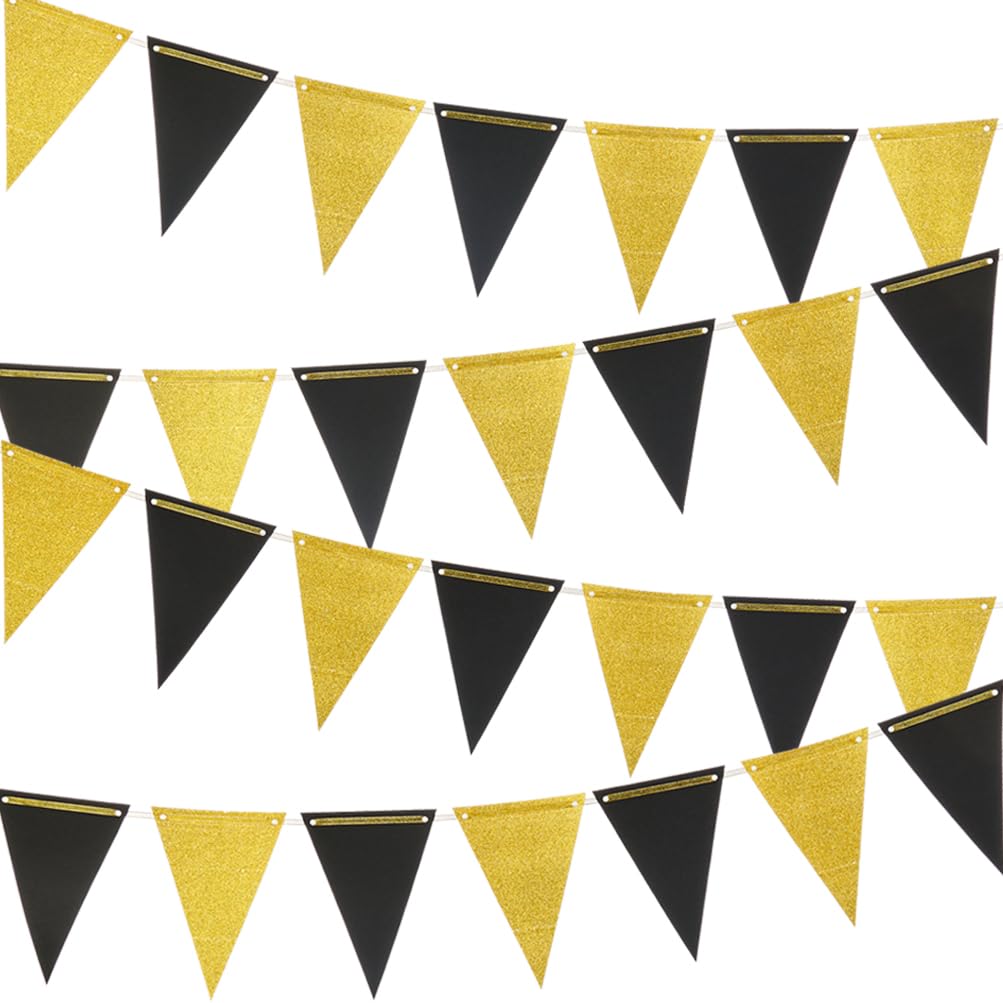 Gold Black Pennant Banner Paper Bunting Hanging Decoration for Birthday Graduation Retirement New Year's Party, Pack of 30 Counts Pennant, 20 feet