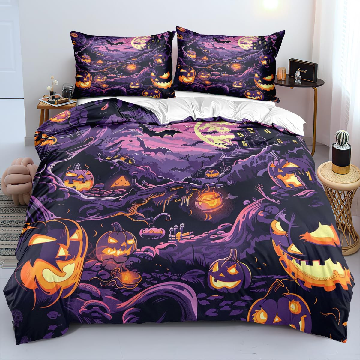 CCoutueChen Horror Ghost Face Duvet Cover Set for Kids Boys,King Size Halloween Bedding Set,Bats Castle Pumpkin Lights Pattern Comforter Cover with 2 Pillowcases, 3Pieces Soft Microfiber