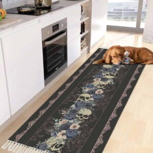 Runner Rug for Hallway 2x5ft, Halloween Skull Flowers Black Washable Runner Rugs with Tassels Woven Floor Carpet Runners for Hallways Kitchen Laundry Entryway