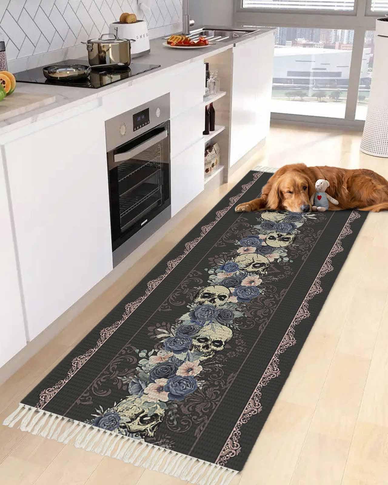 Runner Rug for Hallway 2x5ft, Halloween Skull Flowers Black Washable Runner Rugs with Tassels Woven Floor Carpet Runners for Hallways Kitchen Laundry Entryway