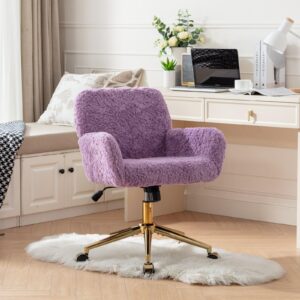 LKTART Faux Fur Home Office Chair for Women Girl, Vanity Makeup Desk Chair with Wheels Upholstered Height Adjustable Armchair with Gold Metal Base Living Room Bedroom Office Vanity