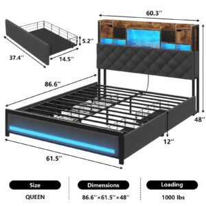 busyaeh Queen Bed Frame with Storage Bed with 4 Drawers Bookcase Headboard Bed Frame with LED Lights and Bookcase Headboard LED Bed Frame with Storage and Charging Station Vintage Brown