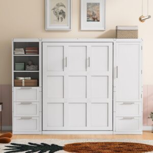 hlcodca queen size murphy bed wall bed with closet,drawers and shelves, space-saving for multipurpose guest room or home office (white-rr)