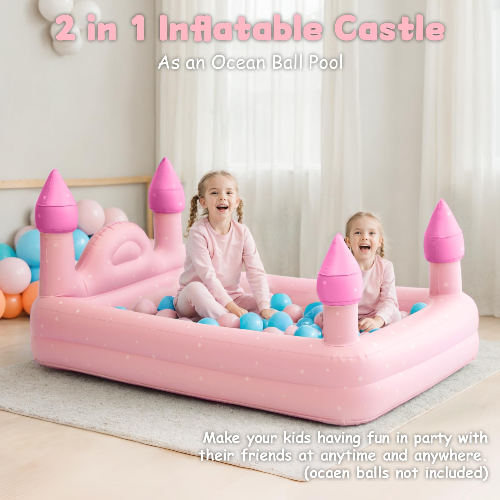 ROMPICO Inflatable Toddler Travel Bed with Safety Bumper,Portable Castle Toddler Bed with 4 Sides for Kids, Ideal for Vacation,Camping and Sleepover,Electric Pump Included (Pink)