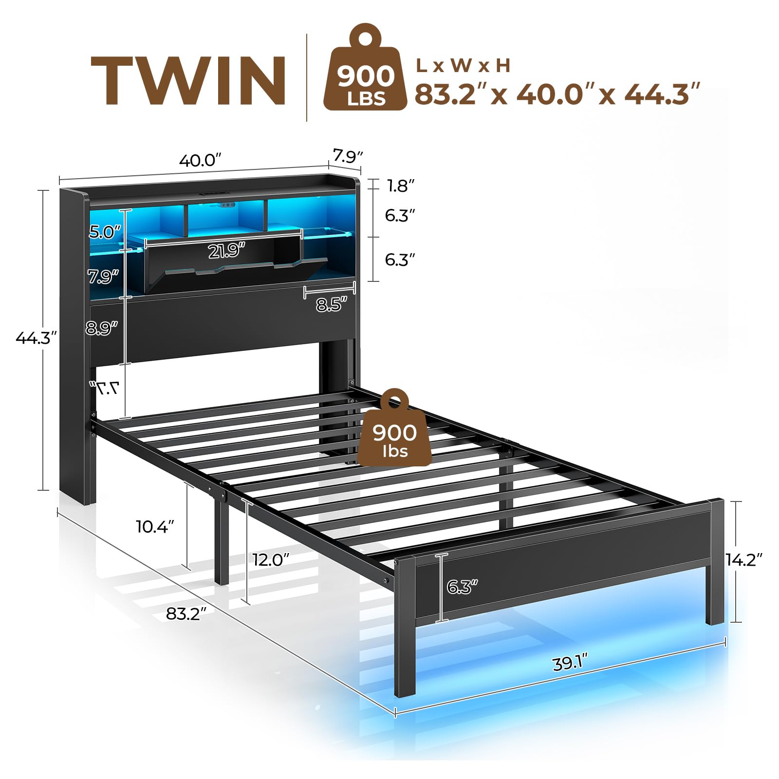 Rolanstar Twin Bed Frame with Charging Station, LED Bed with Bookcase Storage Headboard, Metal Platform Bed with Glass Shelves, No Box Spring Needed, Noise-Free, Black