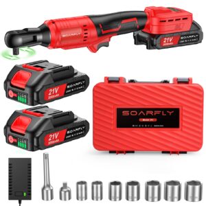 cordless electric ratchet wrench set 3/8", upgraded 60 ft-lbs 21v powerful ratchet tool kit, with led light cordless ratchet,variable speed,7 sockets, 3" extension bar, 1/4" adapter, 2*2000mah battery