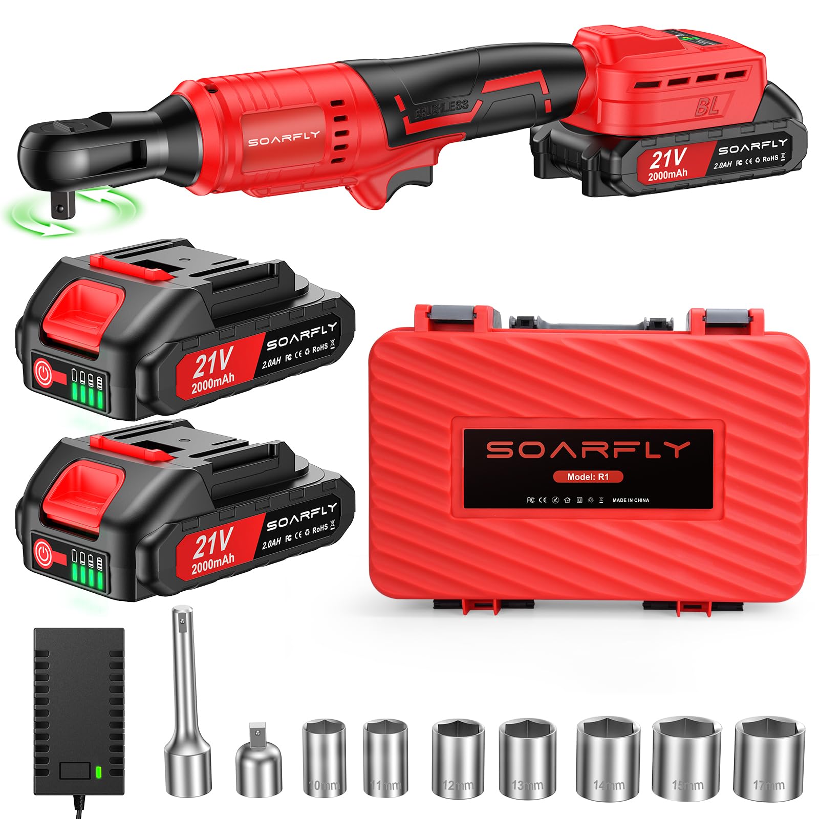 Cordless Electric Ratchet Wrench Set 3/8", Upgraded 60 Ft-lbs 21V Powerful Ratchet Tool Kit, With LED Light Cordless Ratchet,Variable Speed,7 Sockets, 3" Extension Bar, 1/4" Adapter, 2*2000mAh Battery