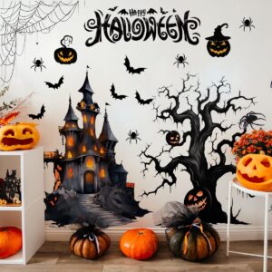 Large Halloween Wall Stickers Halloween Spooky Tree Wall Decal Peel and Stick Halloween Castle Bats Pumpkin Spider Web Wall Sticker for Window Bedroom Living Room Halloween Party Supplies Decorations