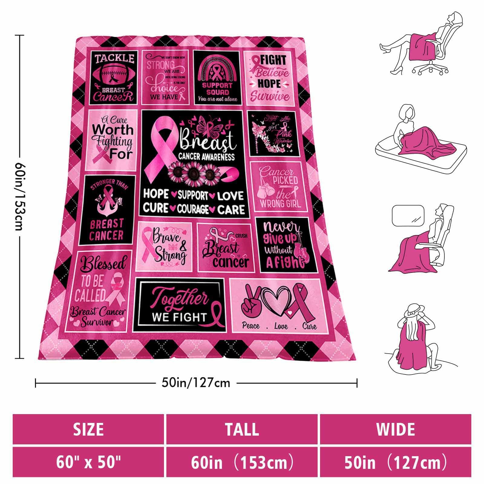 Breast Cancer Gifts for Woman Girl，Breast Cancer Survivor Gifts Ideas for Woman After Surgery, Breast Cancer Blanket 60" X 50", Breast Cancer Awareness Decorations, Pink Ribbon Breast Cancer Gifts