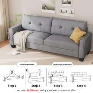 VOHOBY 82" Sofa Couches for Living Room, 3 Seater Sofa with Extra Deep Seats | Tufted Backrest | Thickened Cushion | Modern Comfy Sofa | Solid Wood Frame | Easy to Install, Prime Linen, Light Grey