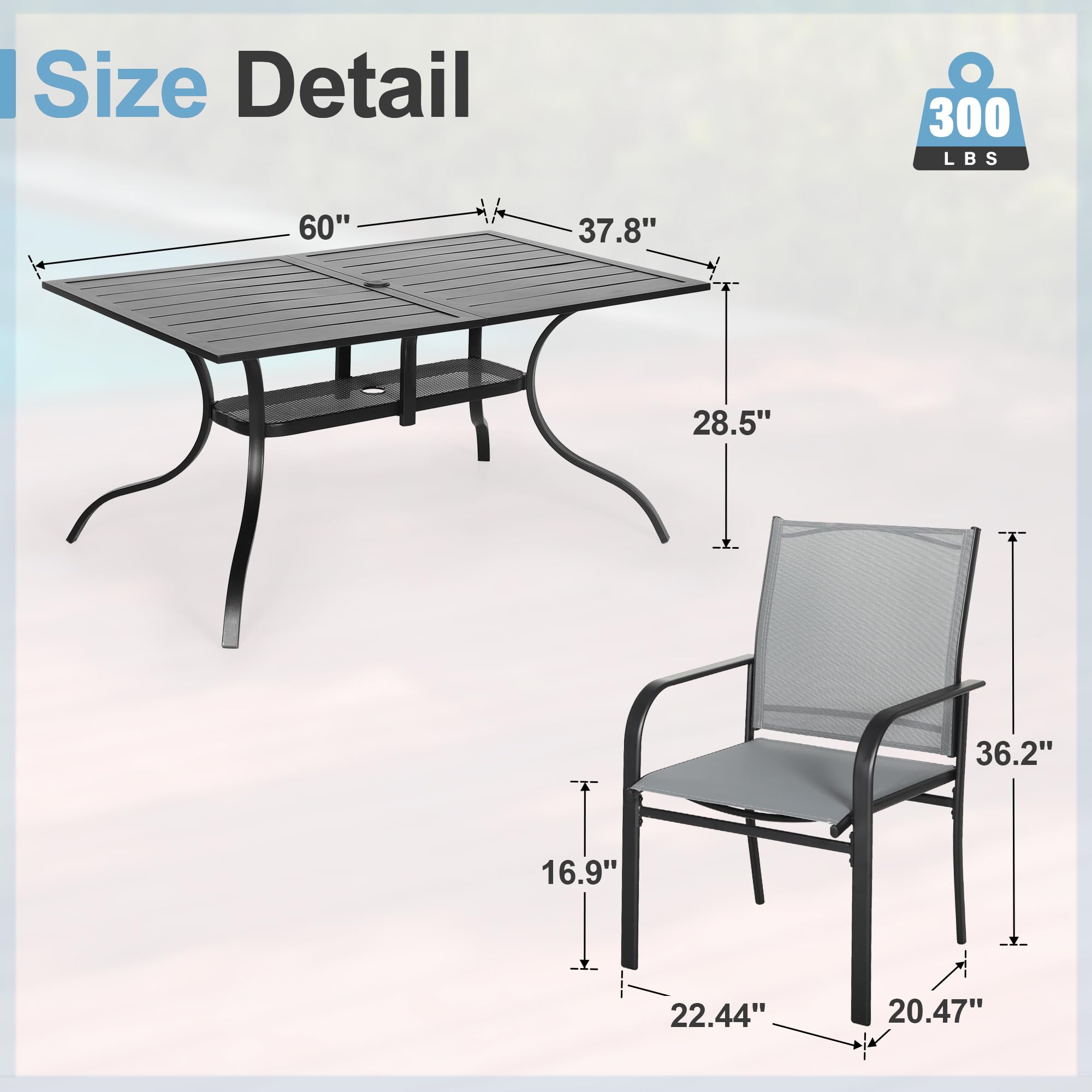 Crownland 7 Piece Patio Dining Set, Outdoor Textilene Dining Sets, 6 Textilene Metal Chairs and Rectangular Outdoor Dining Table with 1.57" Umbrella Hole (Grey)